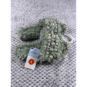 Cat Jack Toddler Girls Slippers Size 3‎ Mint Green Faux Fur Pearl Embellished